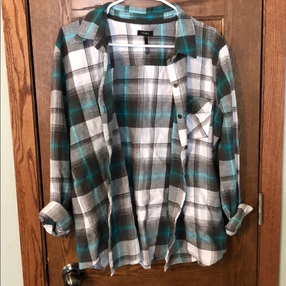 Grey, white, and turquoise plaid shirt
